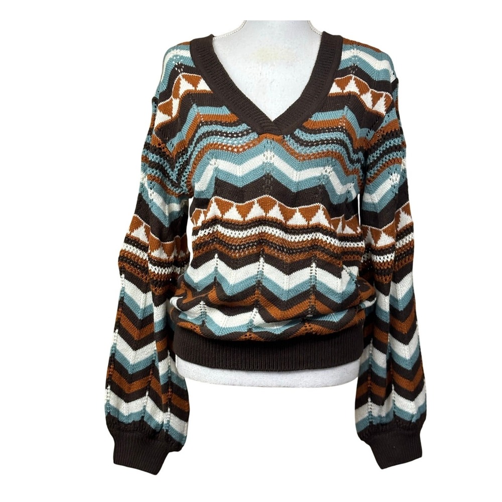 Shyanne Medium Chevron Geometric Sweater Brown M Western Southwestern Cowgirl